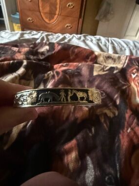 Silver-Tone horses and Floral Bangle Bracelet - Black Inlay